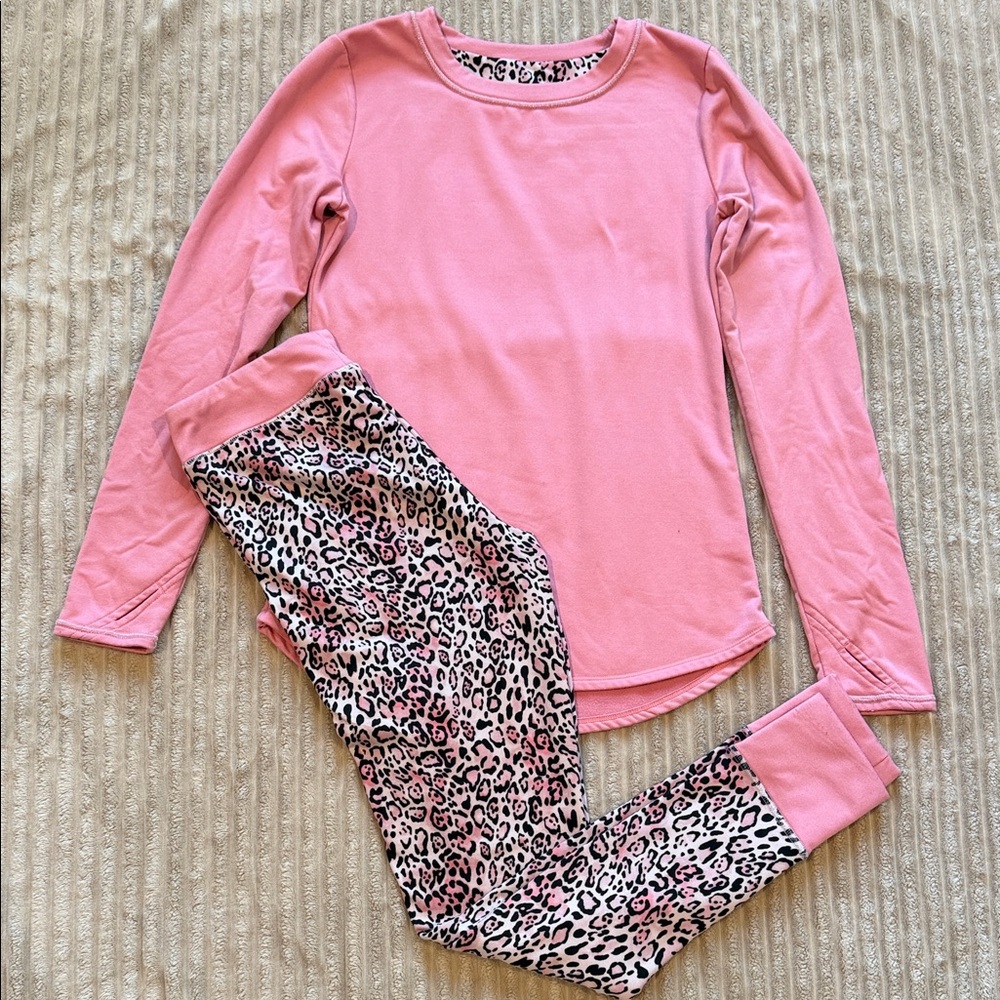 Women’s Pink Long-Sleeve Pajama Set with Pink Leopard Print Pants